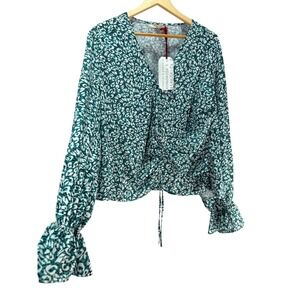 Plus Size 2X Blouse Green Leopard Print Top Flute Sleeve Faux Wrap Cinch Waist